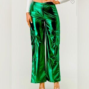 Emerald Green Wide Leg Pants with Luxurious Sheen